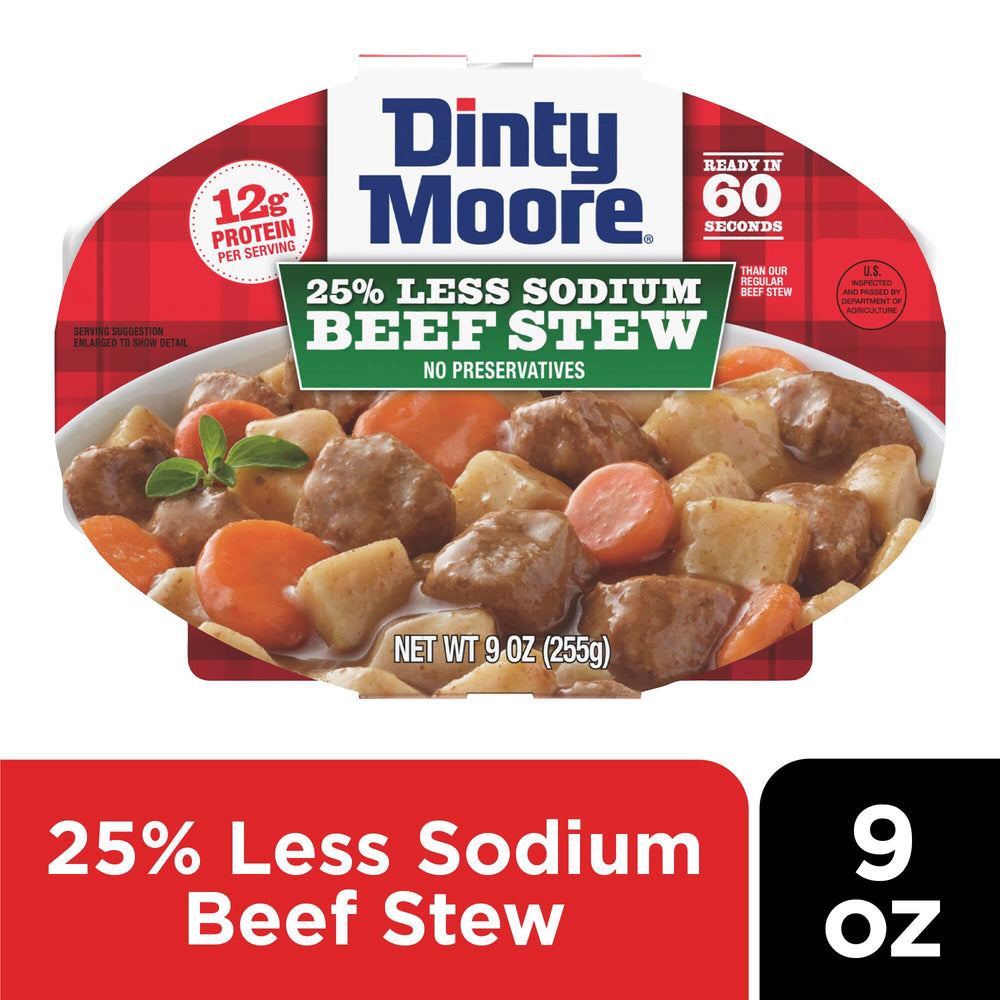 Dinty Moore tray close-up texture showing beef and vegetables for hearty meal