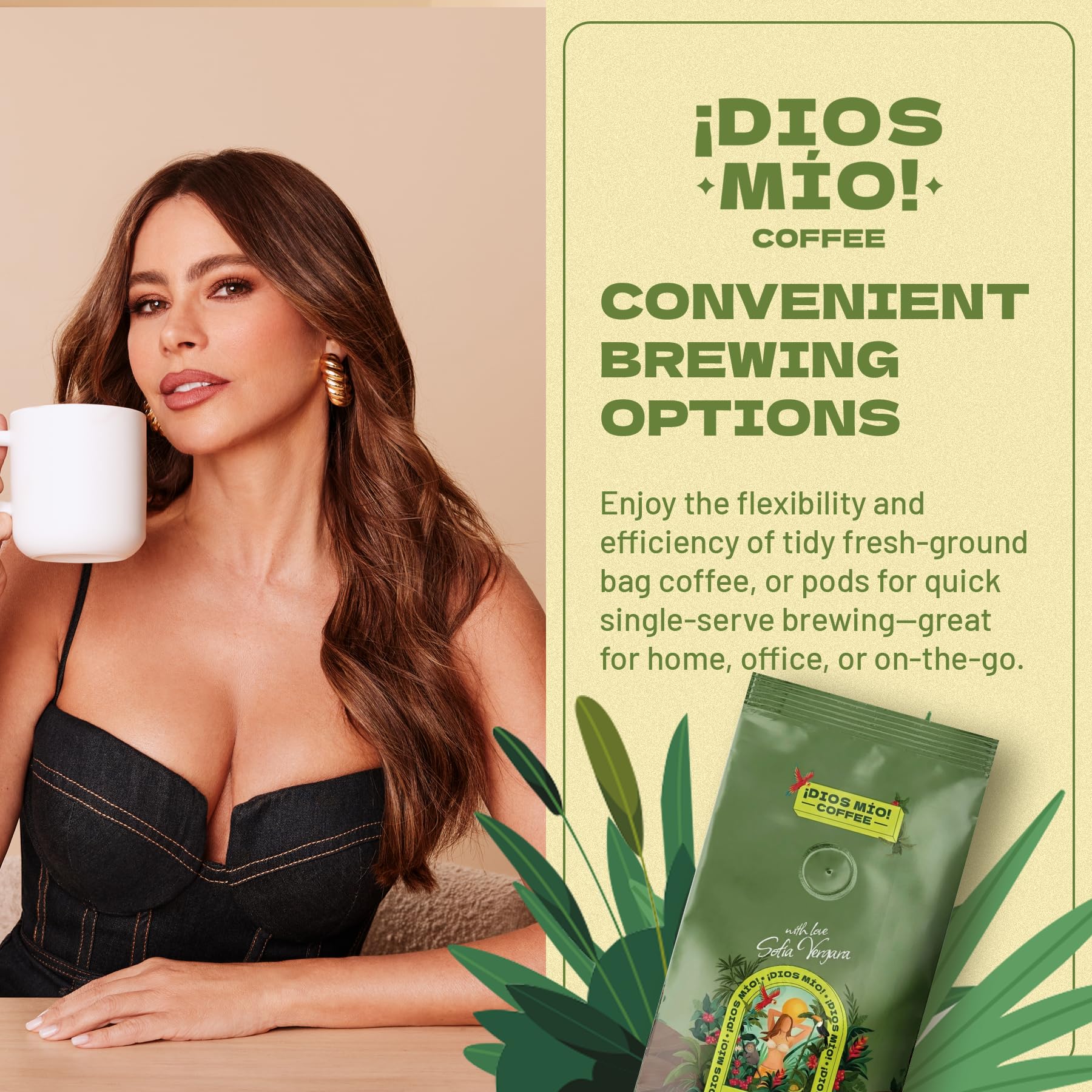 Dios Mio bag size comparison next to mug illustrating large 42-ounce value