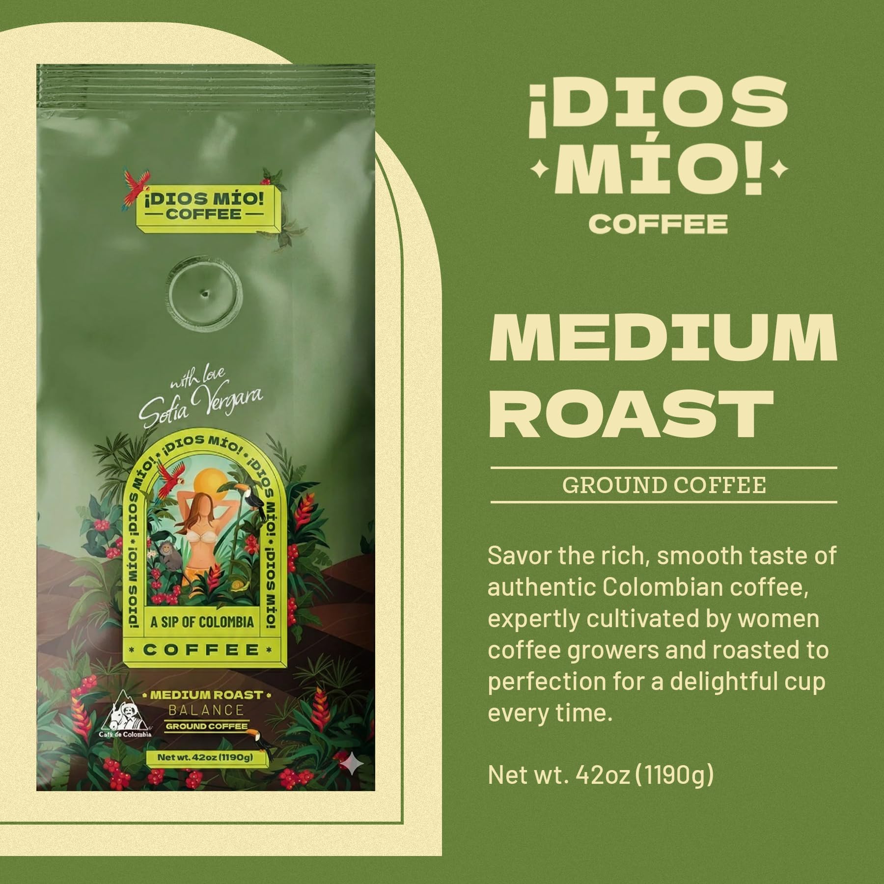 Dios Mio ground coffee closeup highlighting texture and smooth grind for even extraction