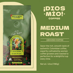 Dios Mio ground coffee closeup highlighting texture and smooth grind for even extraction