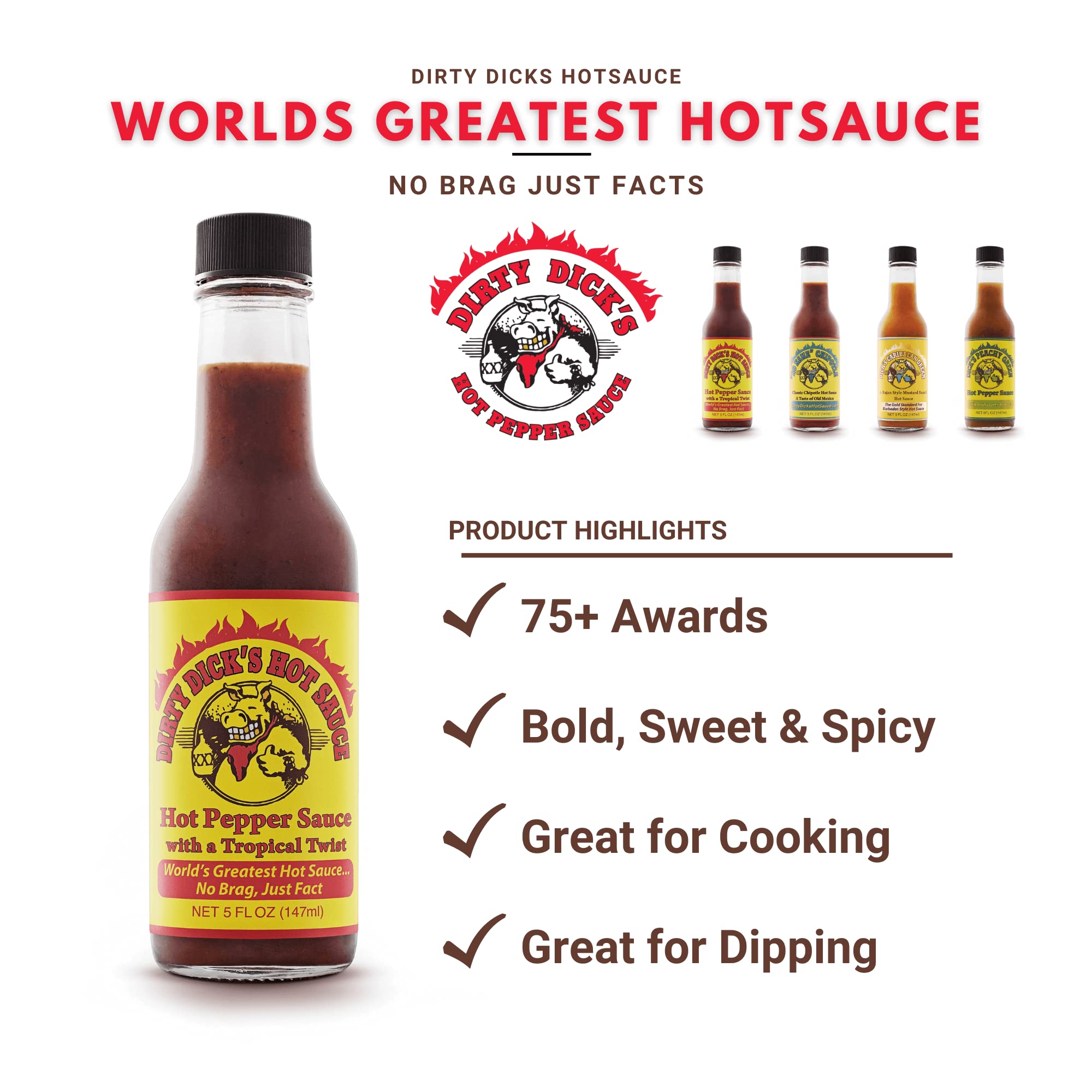 Dirty Dick's Original bottle close-up highlighting label and fruity-habanero texture benefit: vibrant flavor