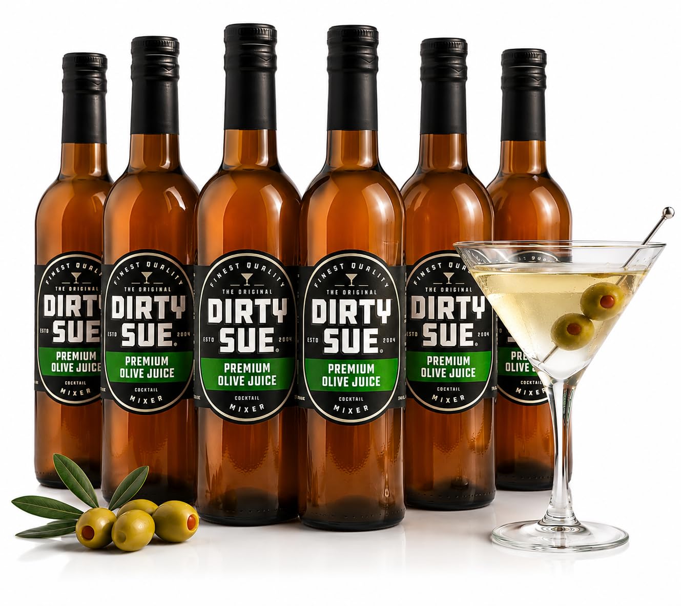 Dirty Sue front packaging showing six glass bottles, clear and professional