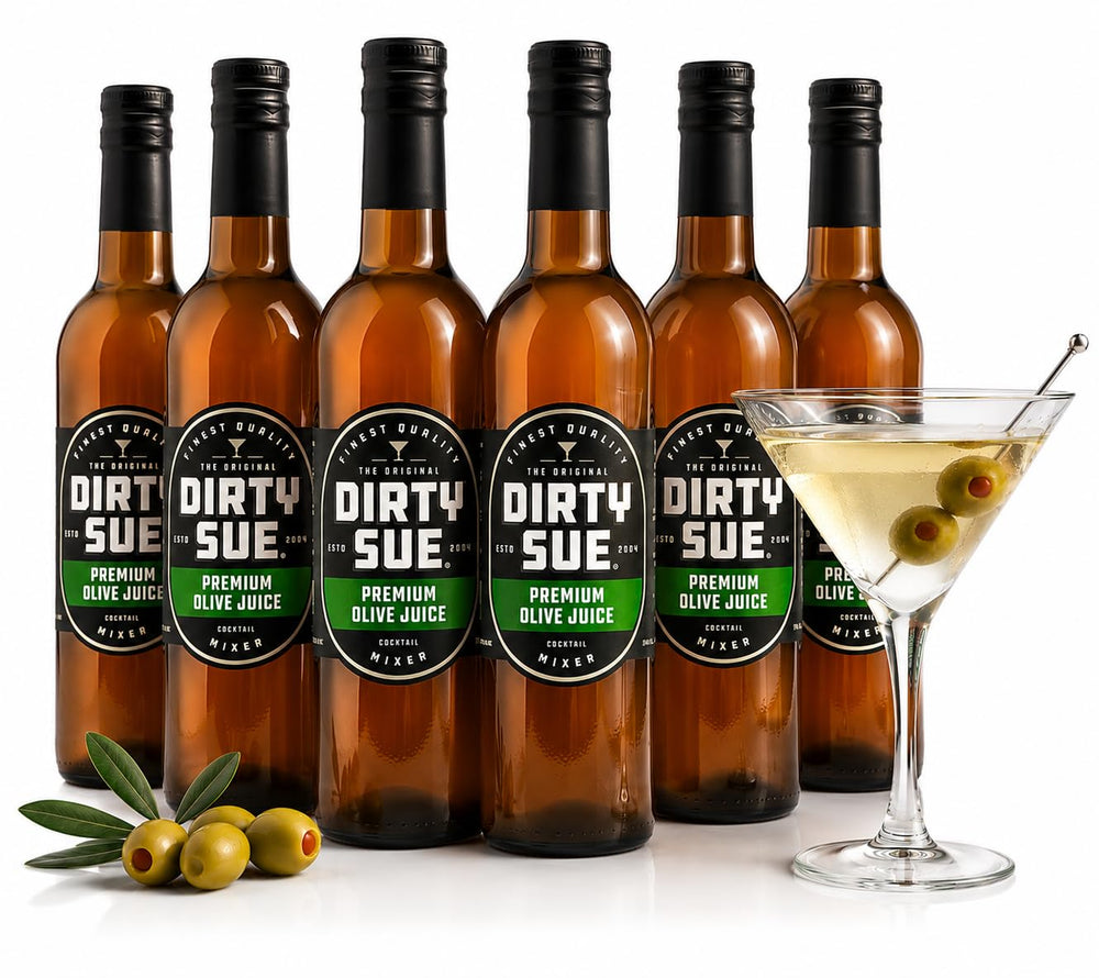 Dirty Sue front packaging showing six glass bottles, clear and professional