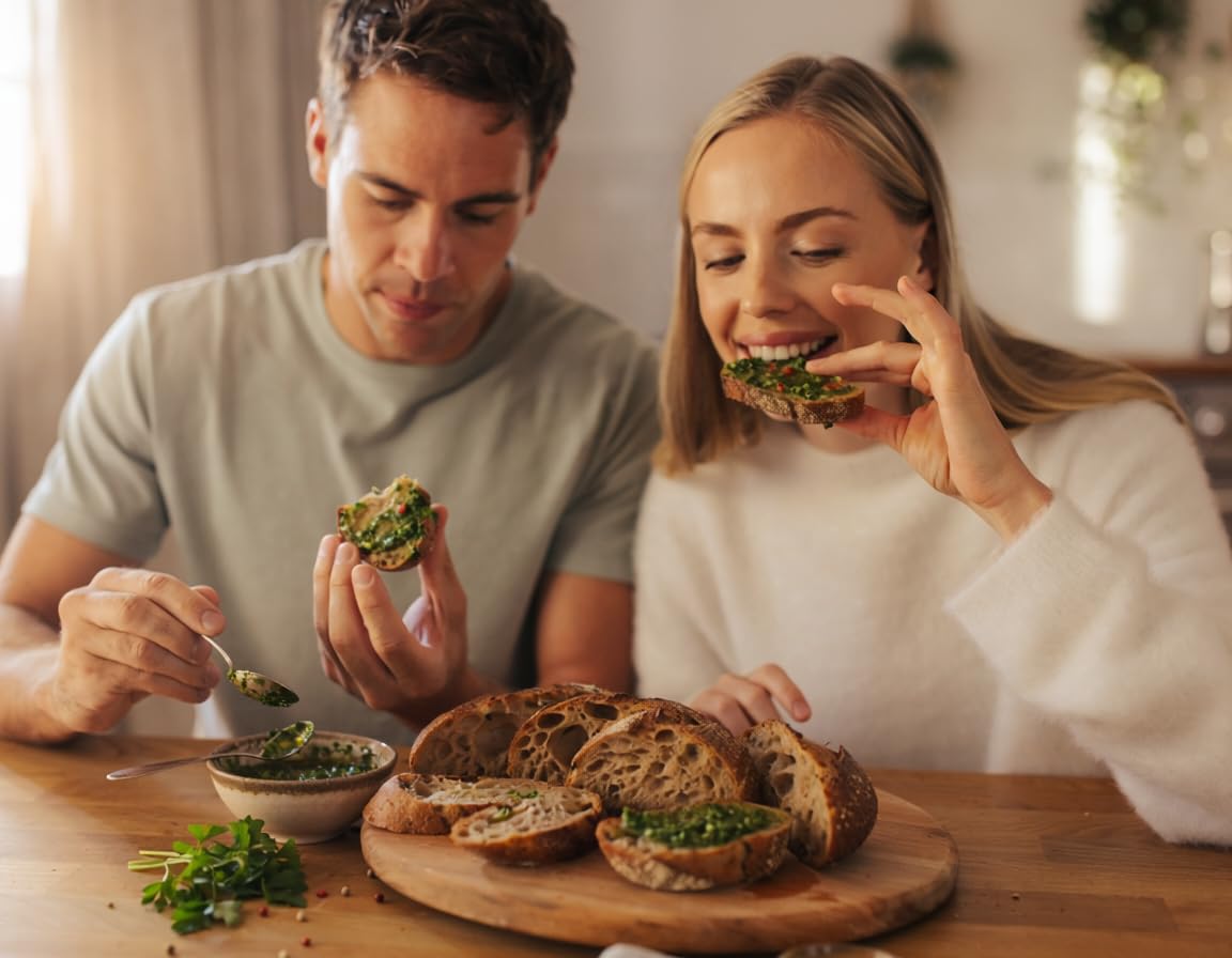 Bread being dipped in Disco Queen chimichurri, showcases dipping versatility