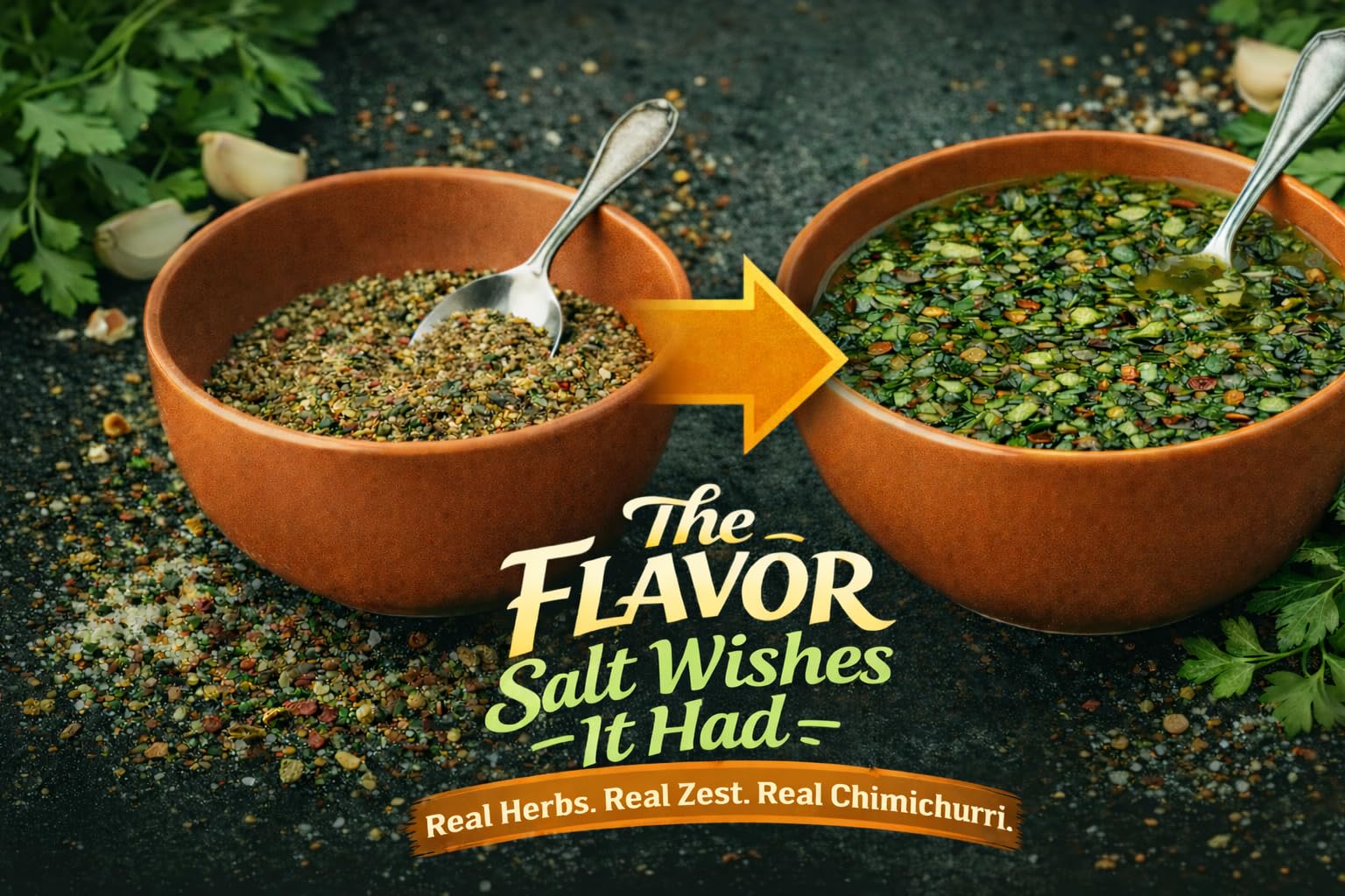 Bowl of mixed Disco Queen chimichurri sauce, ready to serve on dishes