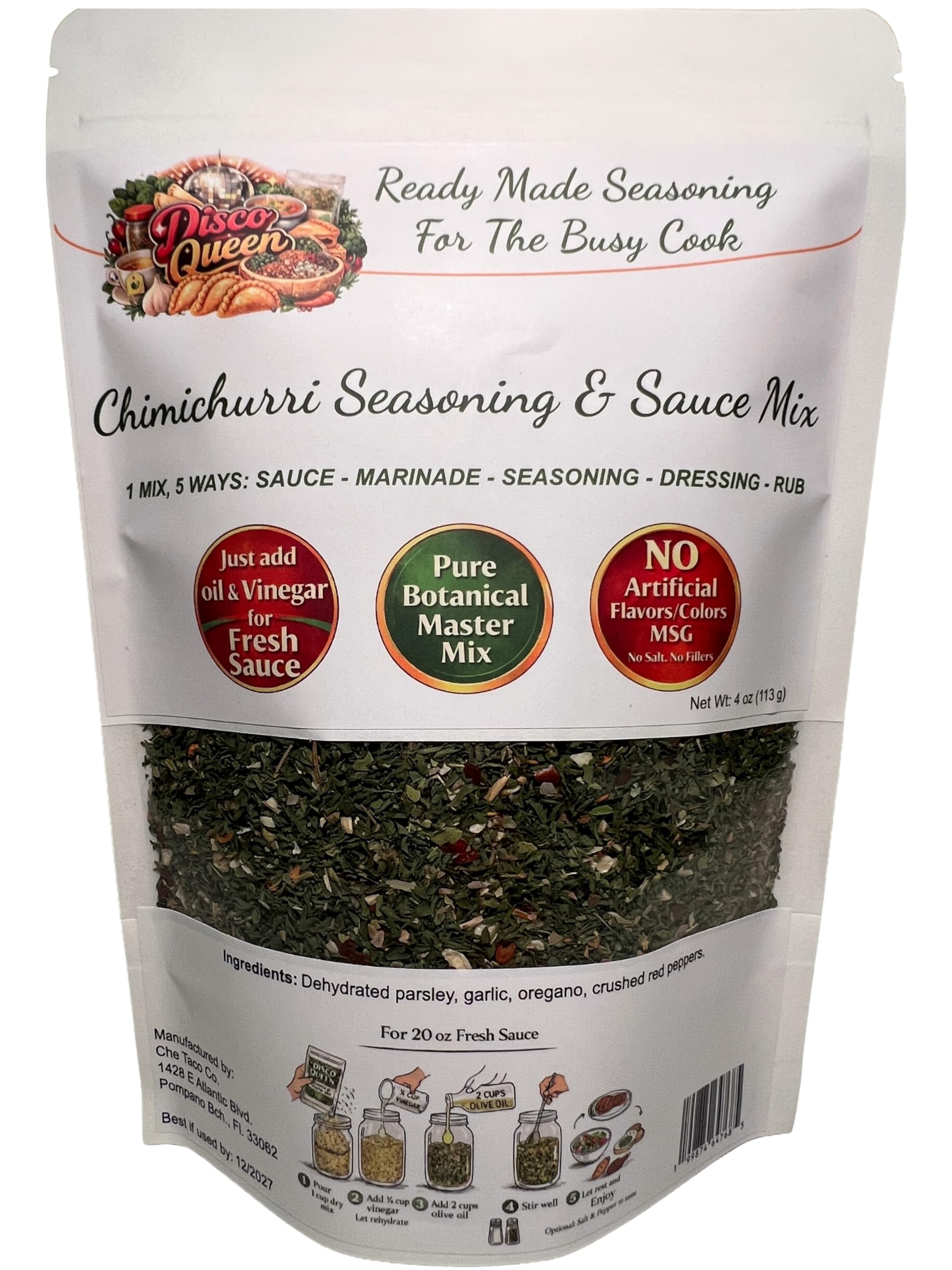 Spoonful of Disco Queen seasoning ready to mix, shows texture and herbs