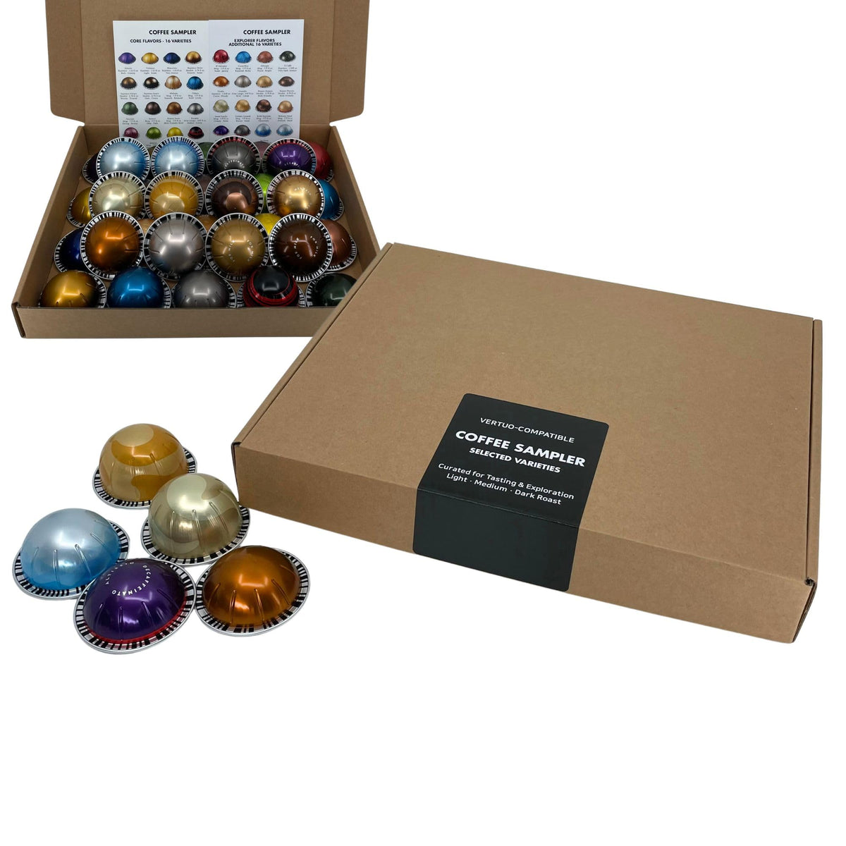 Generic discovery coffee sampler box front shows assorted pods and organized presentation benefits discovery