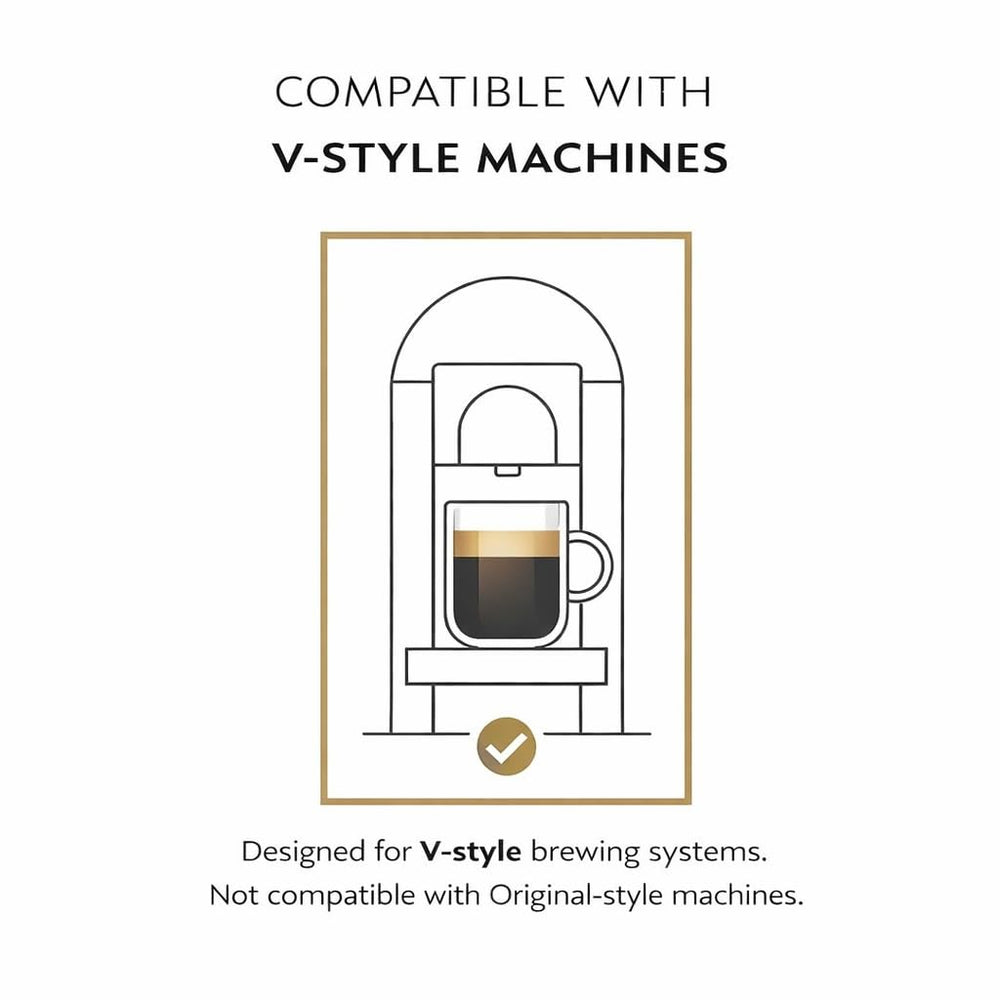 Generic discovery coffee poured into mug next to pods showing serving size and real-cup enjoyment benefit