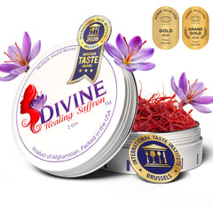 Divine Healing Saffron front packaging shows premium sealed 2 g jar and label, emphasizing authenticity