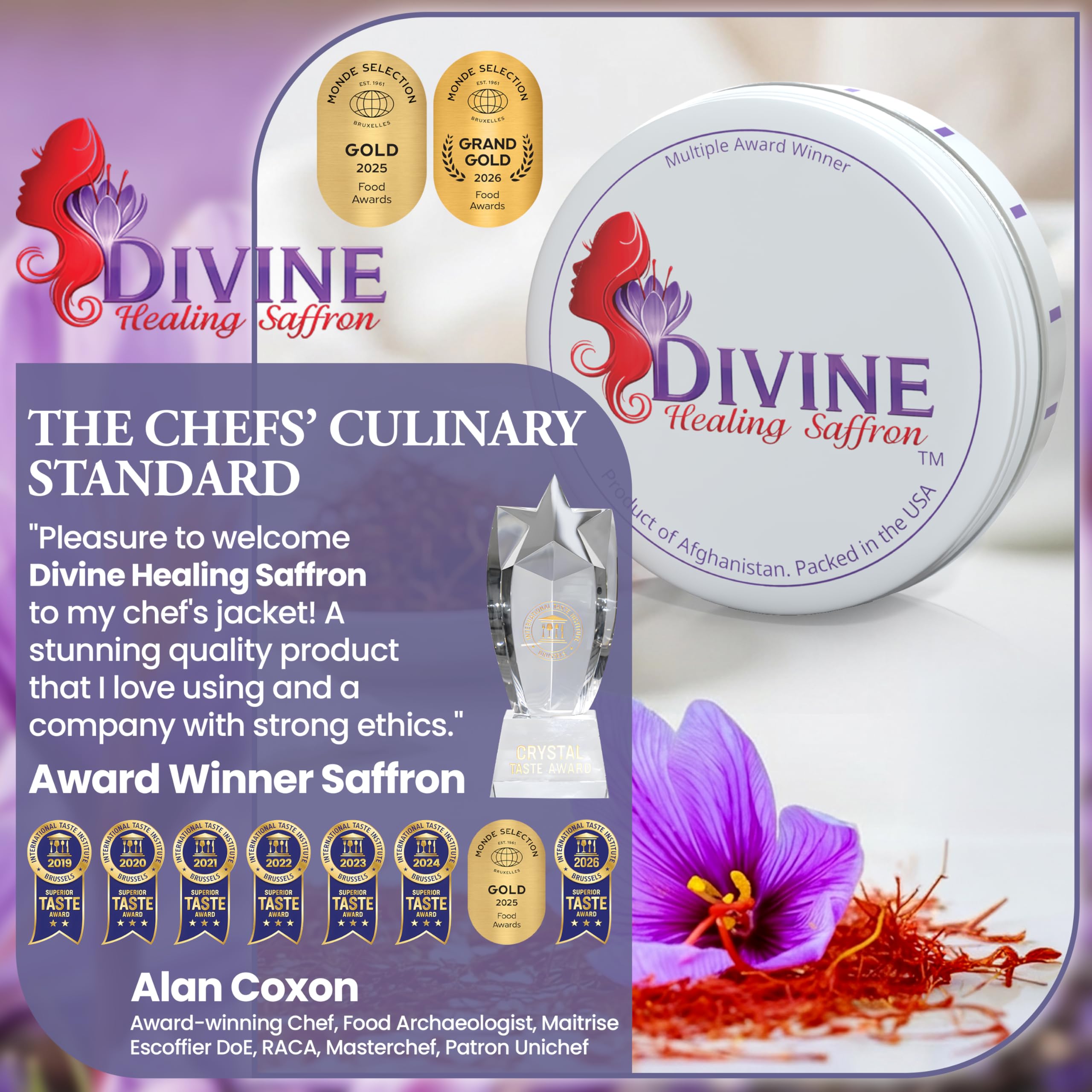 Open jar of Divine Healing Saffron displaying neat crimson threads, highlighting freshness and aroma