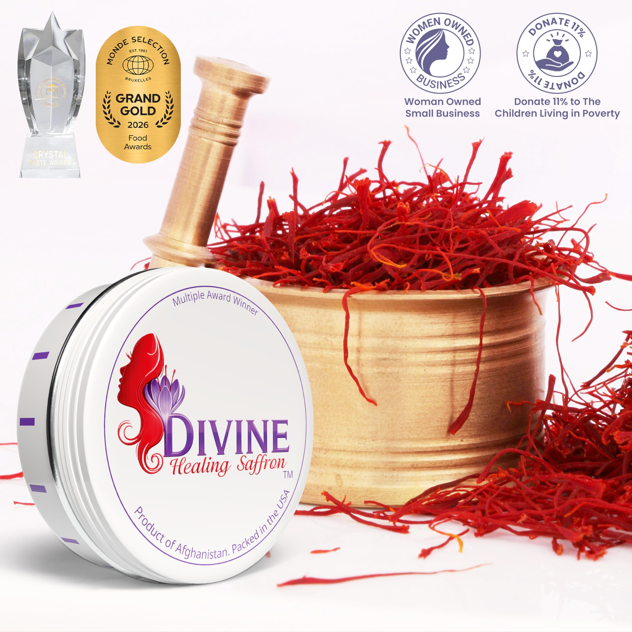 2 g jar of Divine Healing Saffron beside teaspoon to illustrate compact portion and generous potency