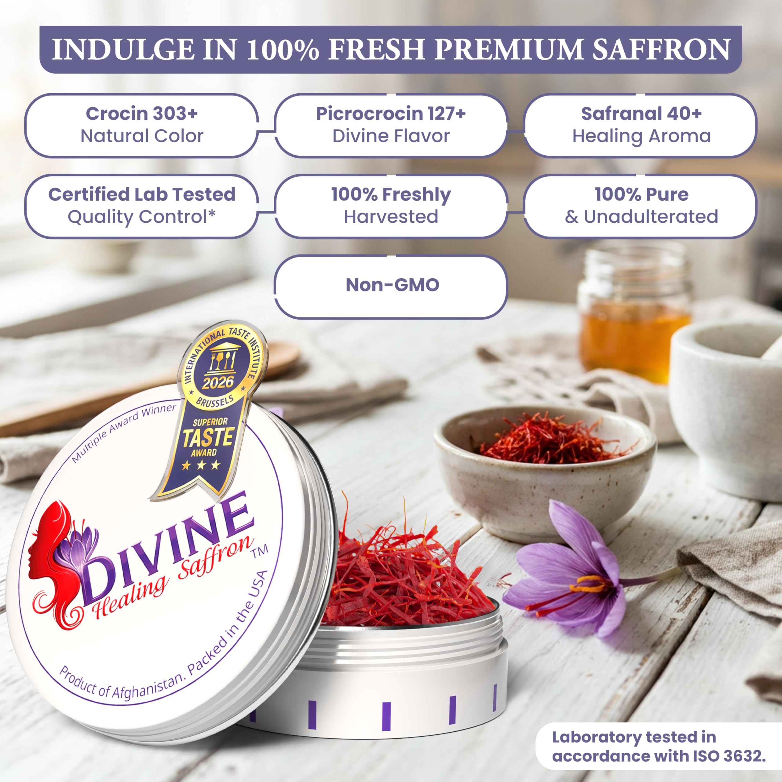 Cup of tea steeping with Divine Healing Saffron threads producing fragrant golden infusion for flavor
