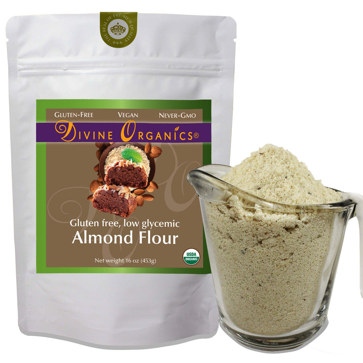 Divine Organics front package showing 16 oz almond flour and organic label for pantry convenience