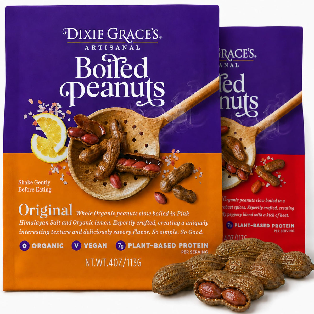 Dixie Grace's front packaging showing two 4oz salty and spicy bags, convenient portioning