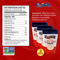 Dixie Lily open bag revealing enriched white corn grits for quick meals