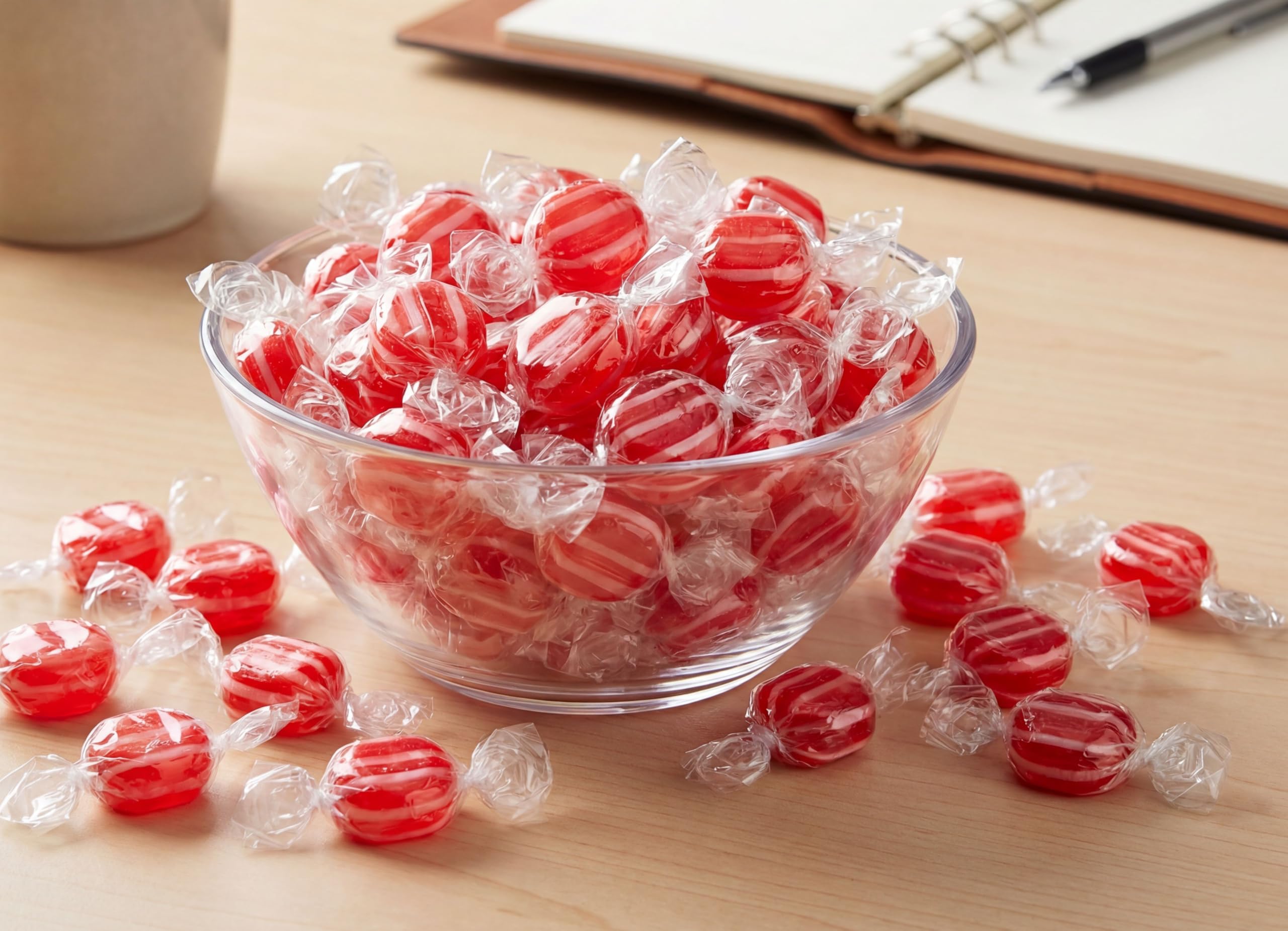 DM Sweets in a glass bowl showing red-and-white visual appeal