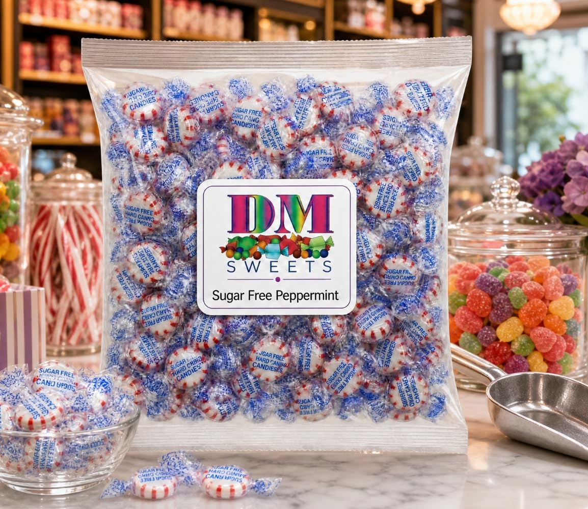 DM Sweets opened bulk bag pouring mints to show quantity and refill convenience