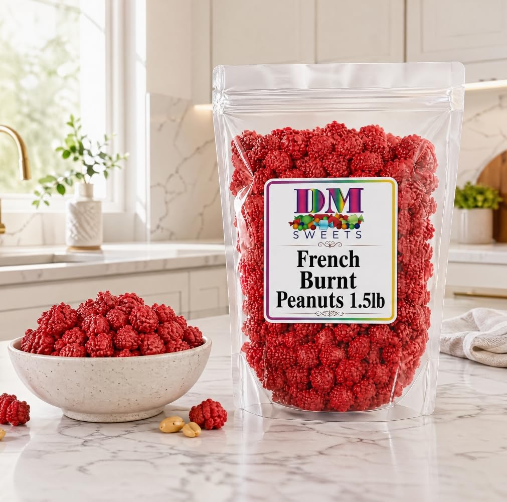 DM Sweets bulk bag beside measuring cup demonstrating generous 1.5 lb quantity