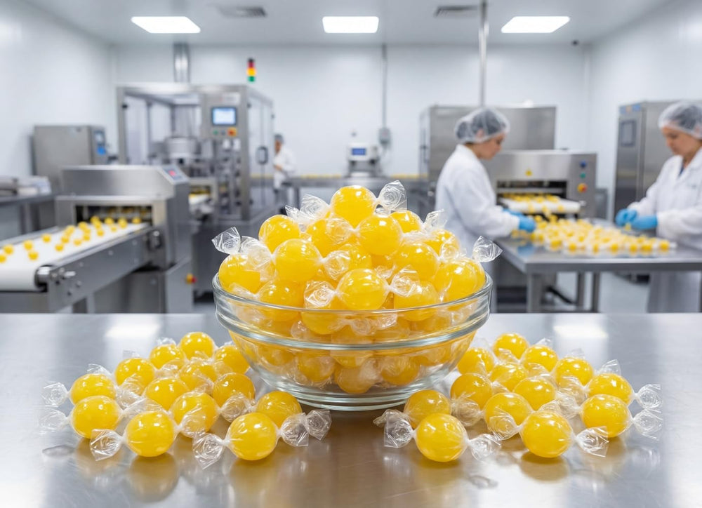 DM Sweets lemon balls in a candy dish for easy sharing and display