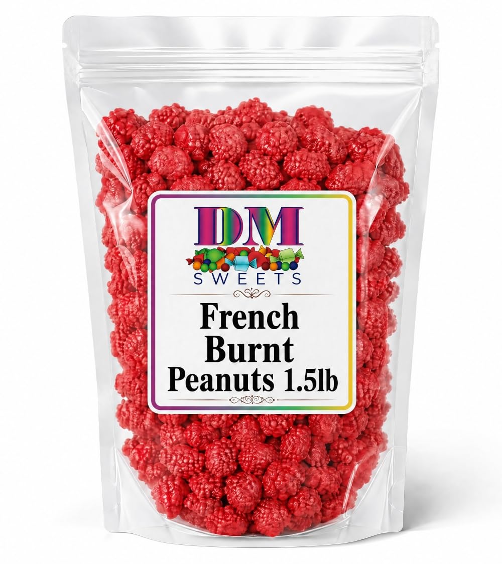 DM Sweets close-up of bumpy red candy shell highlighting crunchy texture and nostalgia