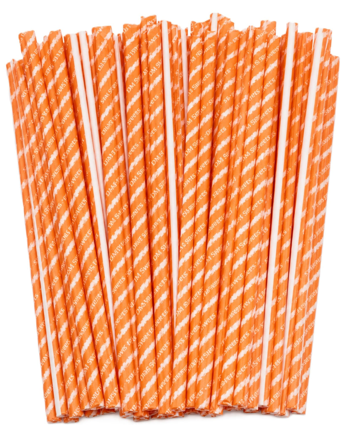 DM Sweets front packaging showing 100-count orange candy straws and easy sharing