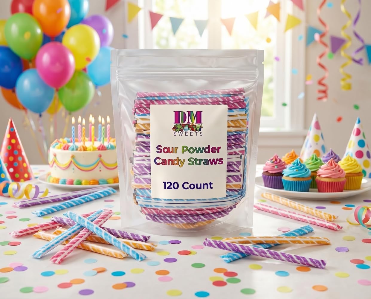 DM Sweets straws being handed out at a party demonstrating simple distribution and fun