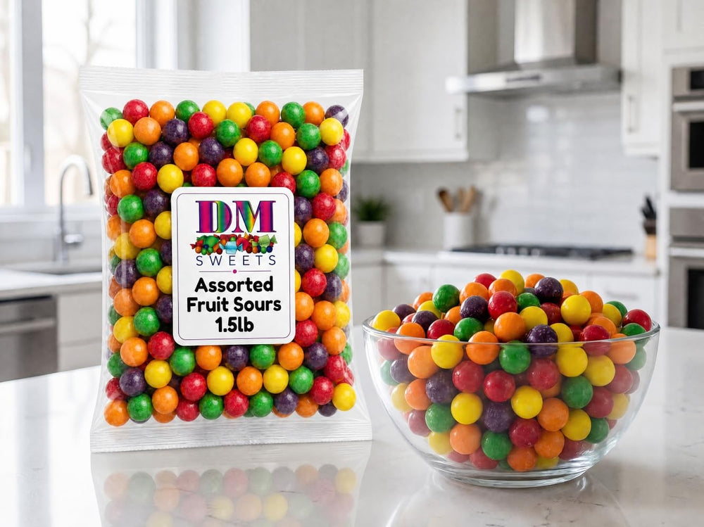 DM Sweets candy in decorative bowl showcasing bright colors for event display