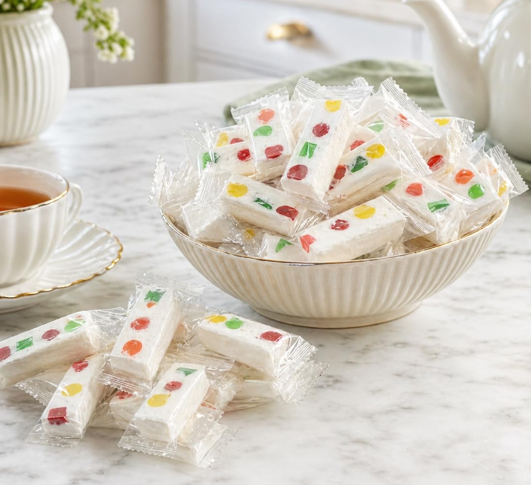 DM Sweets close-up of nougat texture showing creamy chew and fruit bits