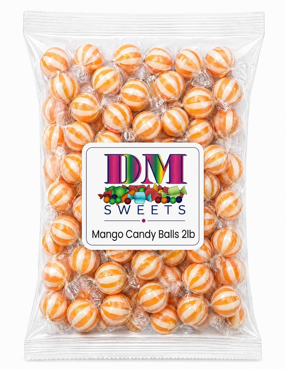 DM Sweets close-up texture of glossy mango hard candy shells showing candy shine and appeal