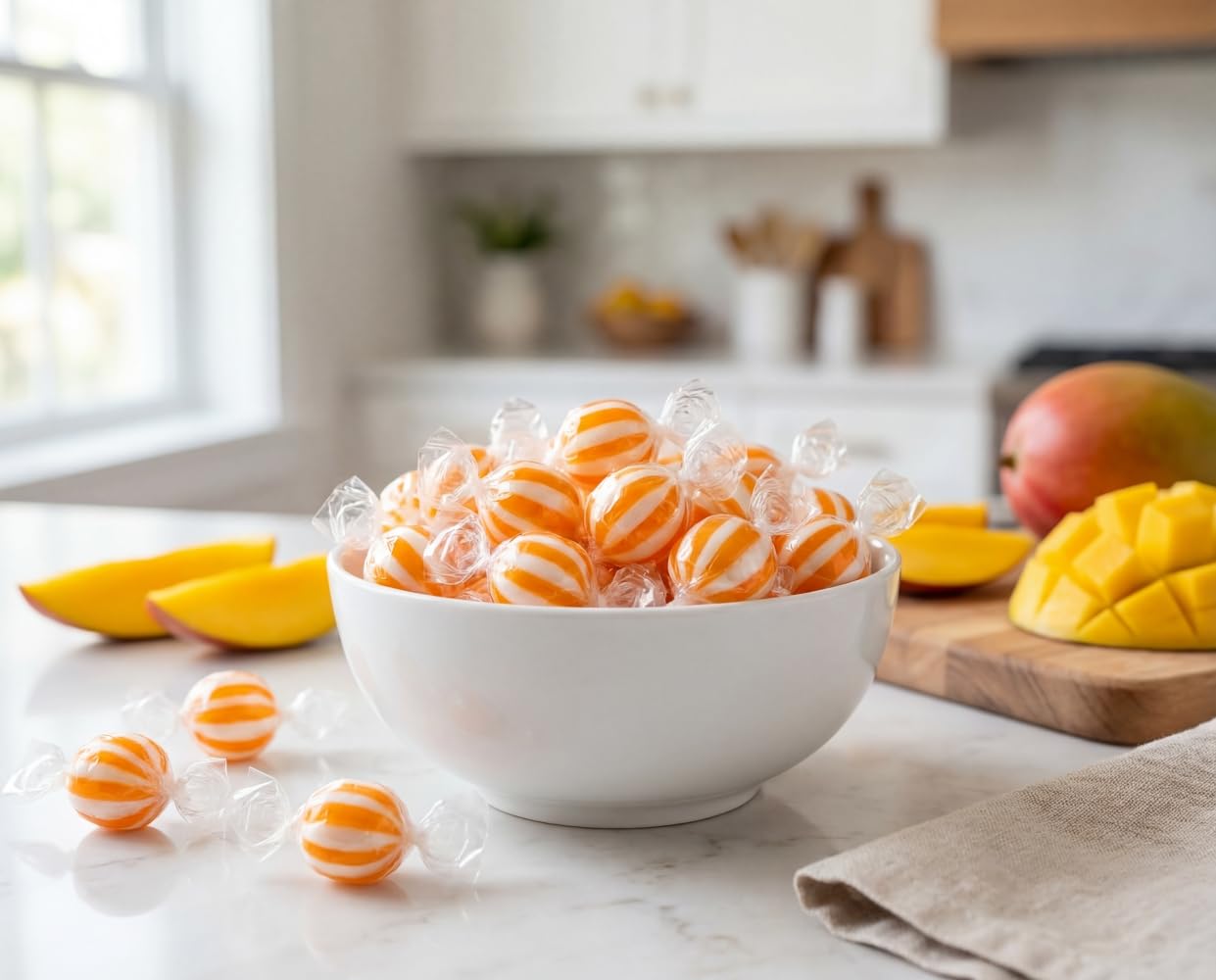 DM Sweets individually wrapped mango candies highlighting hygienic packaging and portioning benefit