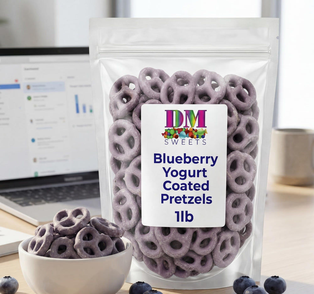 DM Sweets open resealable bag revealing coated pretzels, keeps snacks fresh