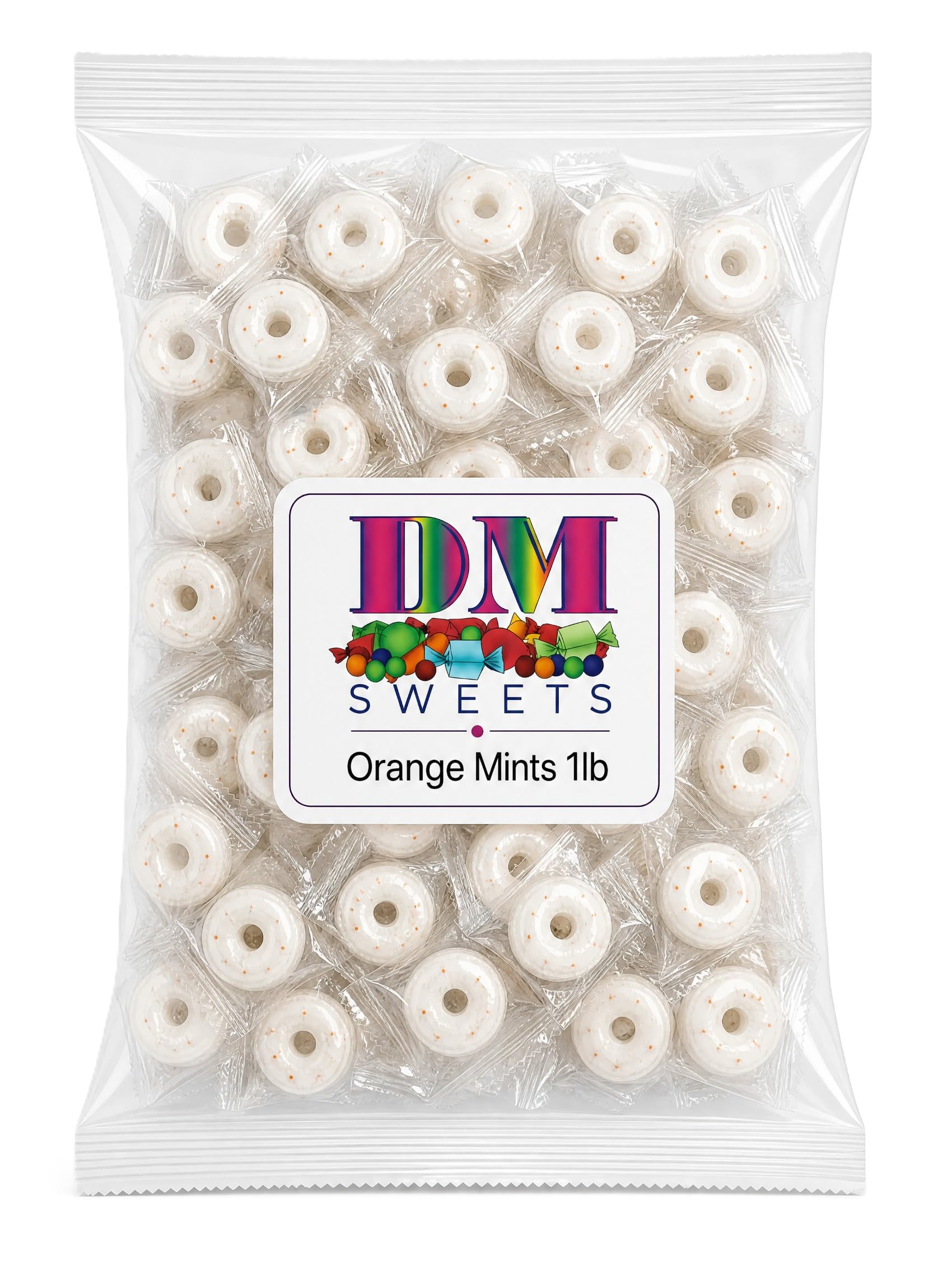 DM Sweets orange mints in a clear bowl at reception for attractive customer refreshment benefit