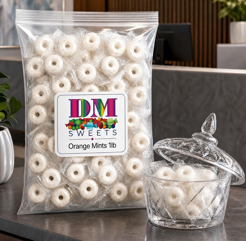 DM Sweets individually wrapped orange mint close-up, hygienic single-serve convenience benefit