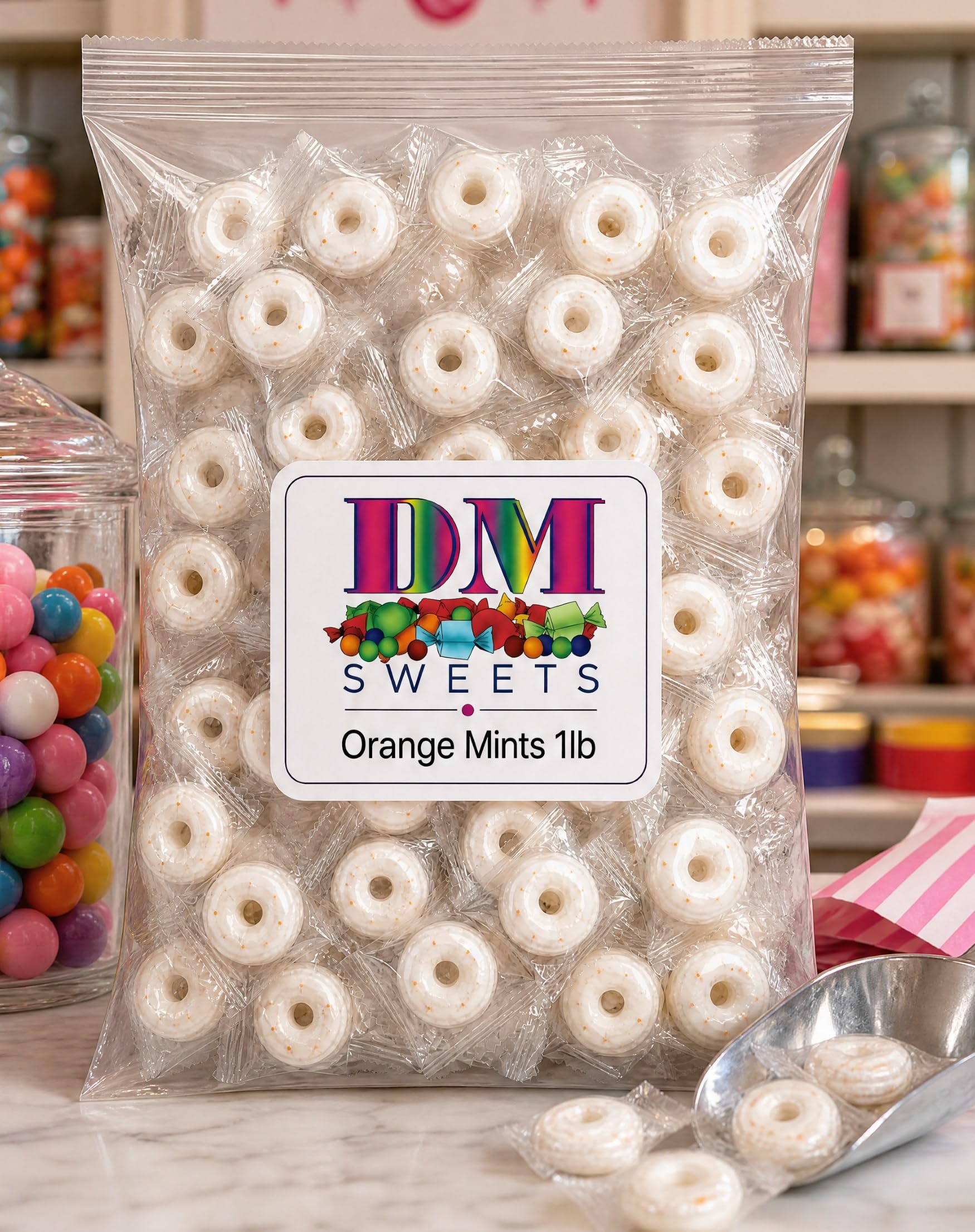 DM Sweets one mint beside a ruler to show approximate size for portion planning benefit
