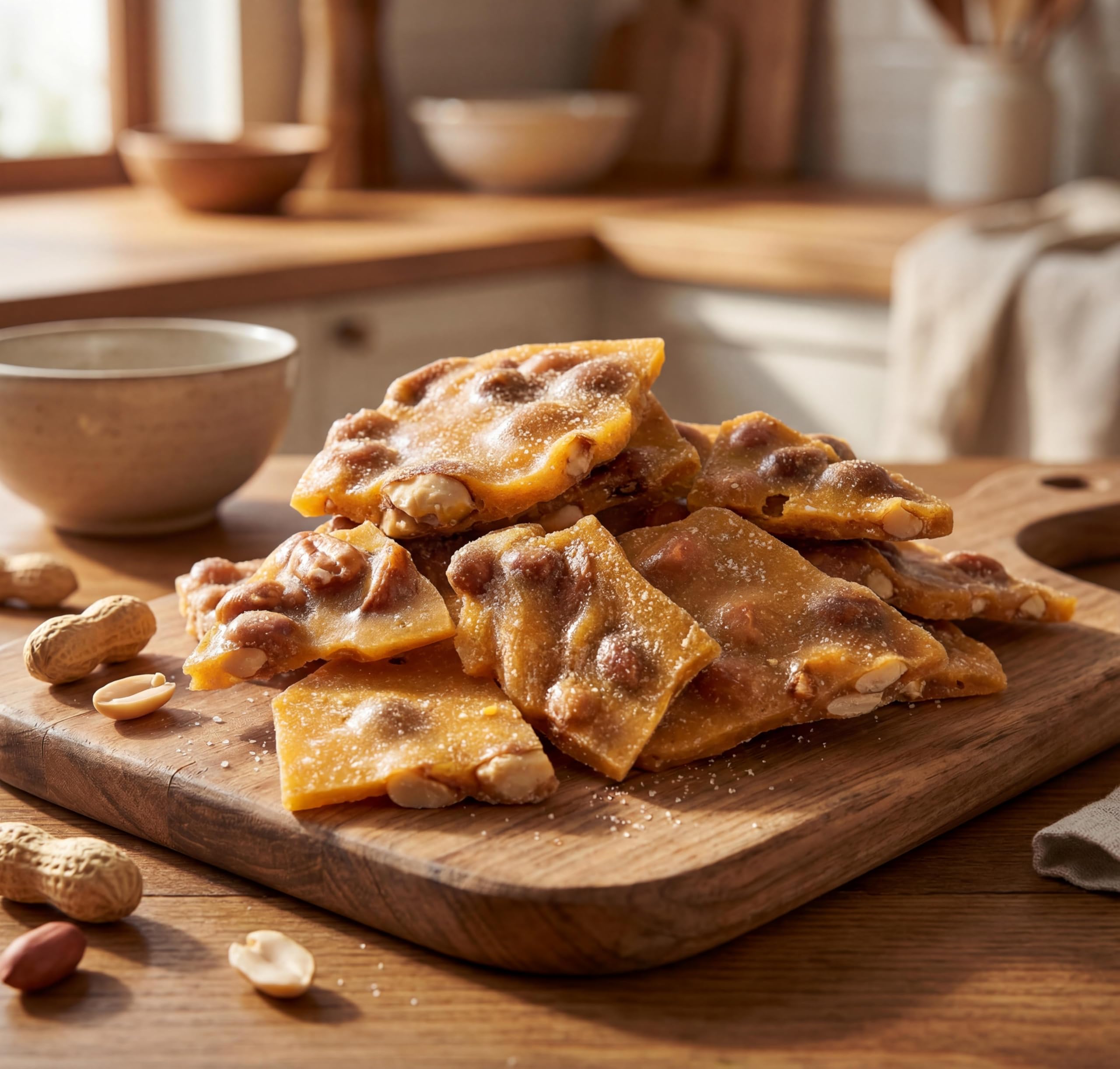 DM Sweets peanut brittle shard held in hand shows size and easy snack portioning benefit