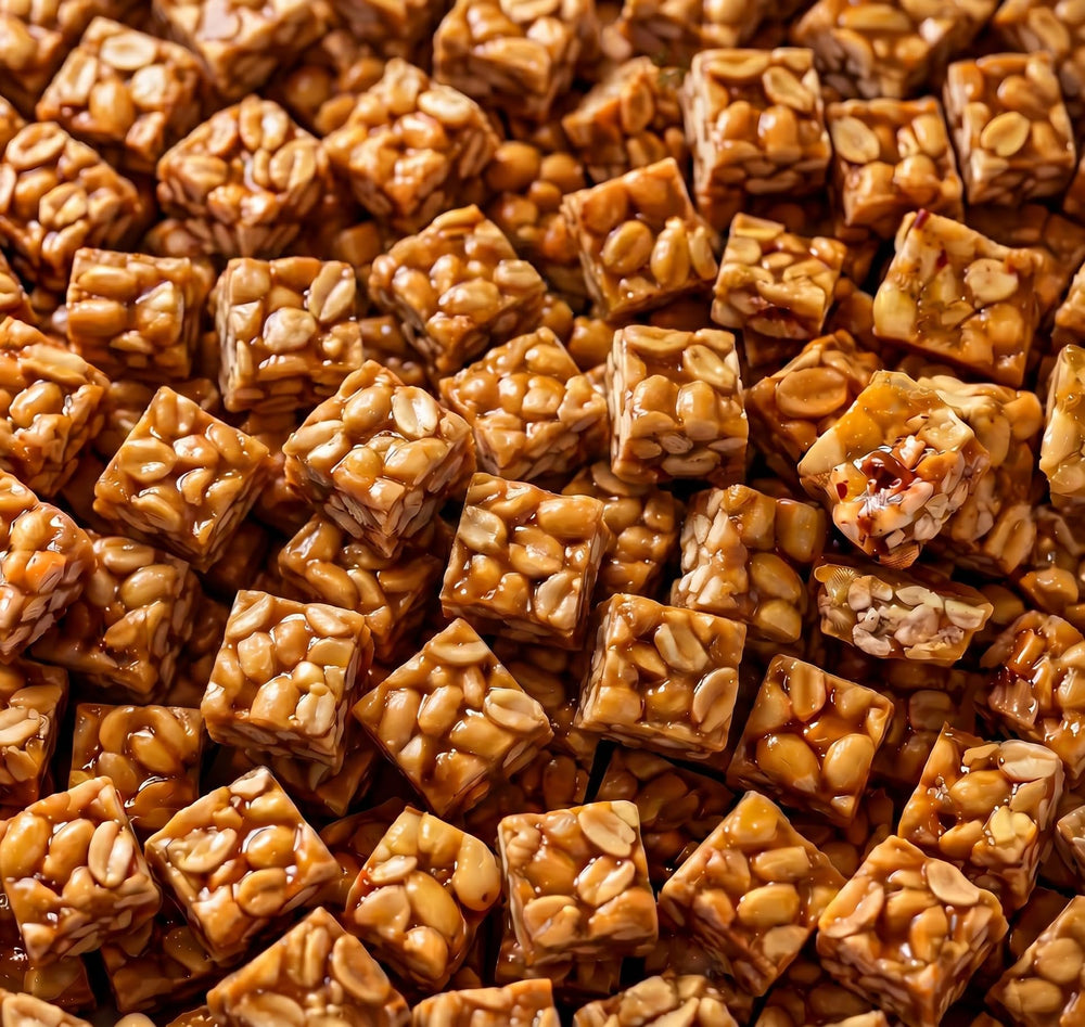 DM Sweets close-up brittle texture highlighting crunchy peanut benefit