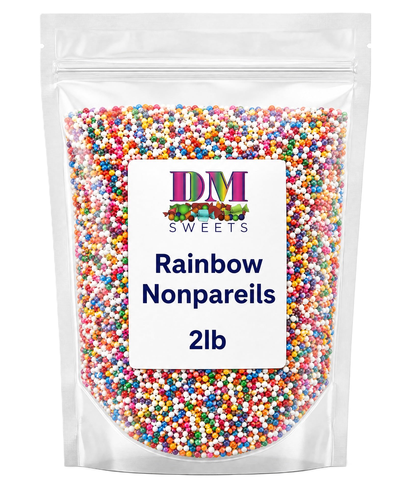 DM Sweets close up texture of tiny multicolor beads showing crisp crunch