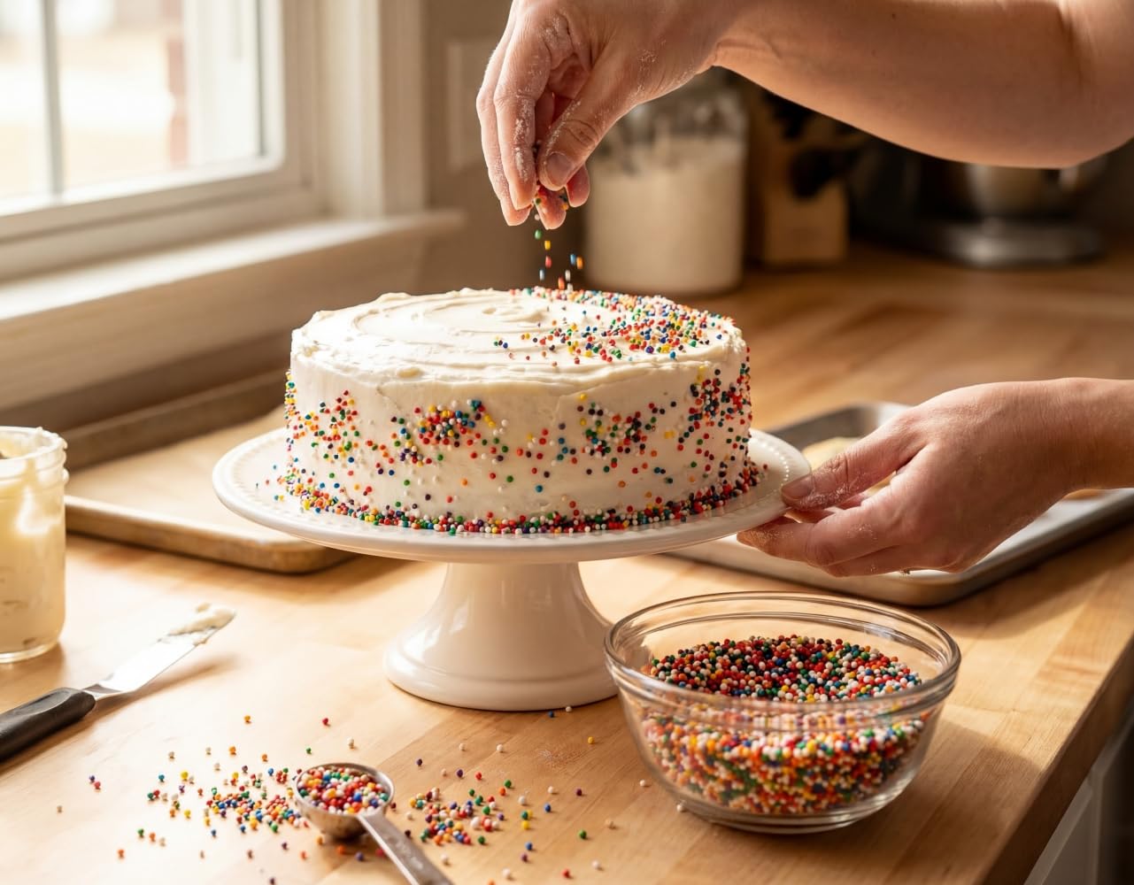 DM Sweets sprinkles on cupcake showing bright finish and visual pop