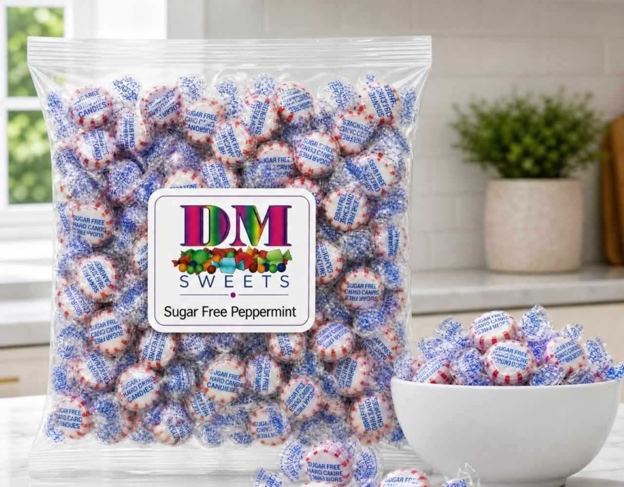 DM Sweets red and white stripe detail on mint emphasizing classic peppermint appearance