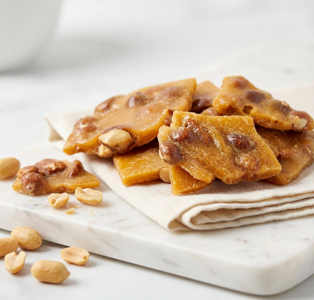 DM Sweets brittle served on white platter for elegant dessert table presentation
