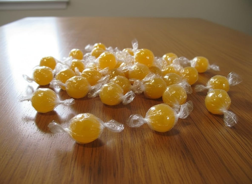 DM Sweets candy beside a ruler showing 1-inch diameter size clarity