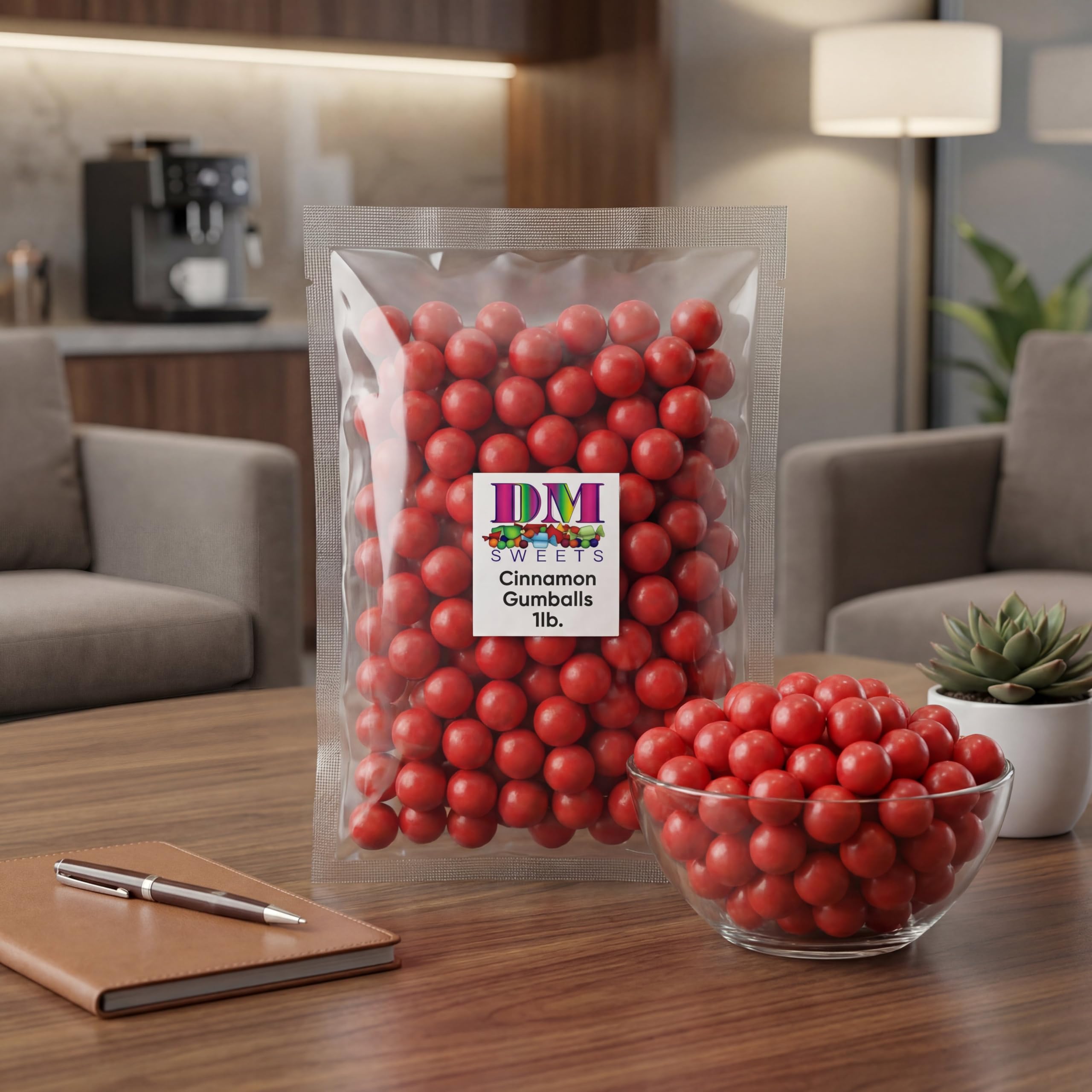 DM Sweets one‑inch gumball next to coin showing size and dispenser fit