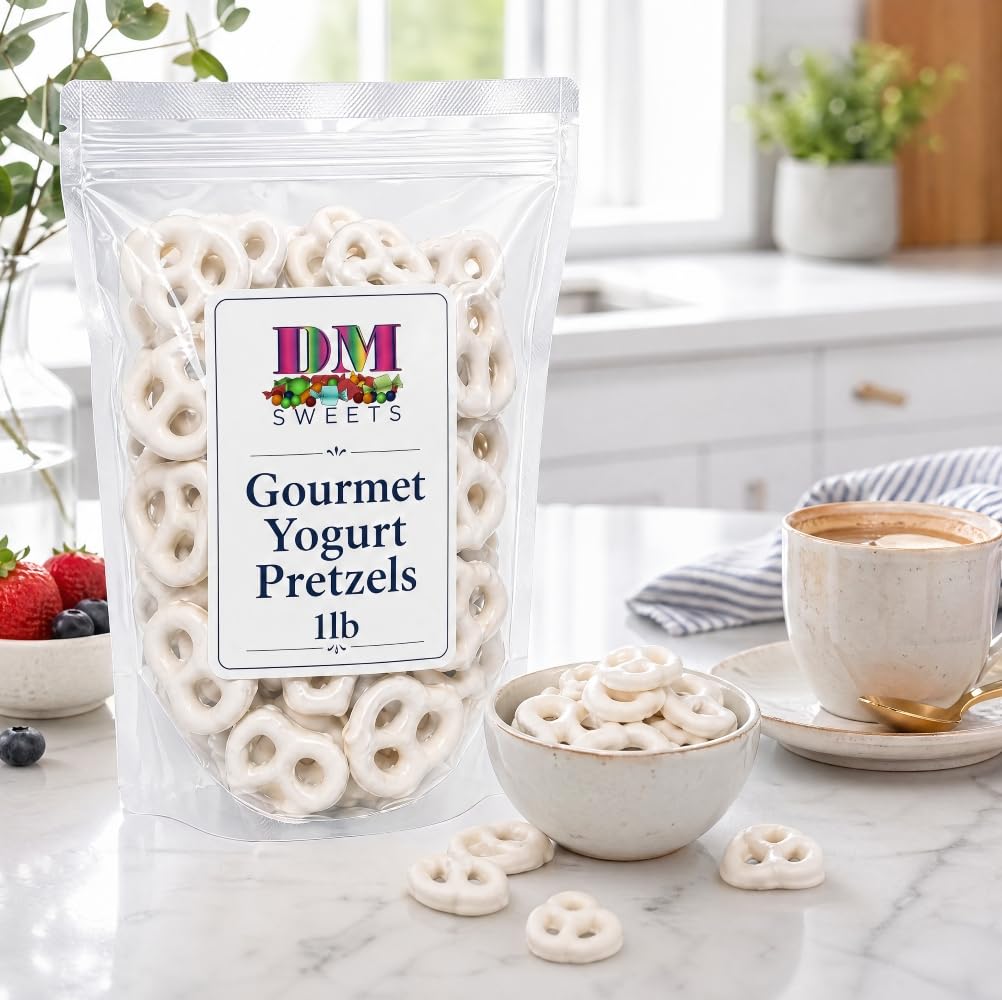 DM Sweets pretzels scattered on table showing crunchy centers and coating for snacking
