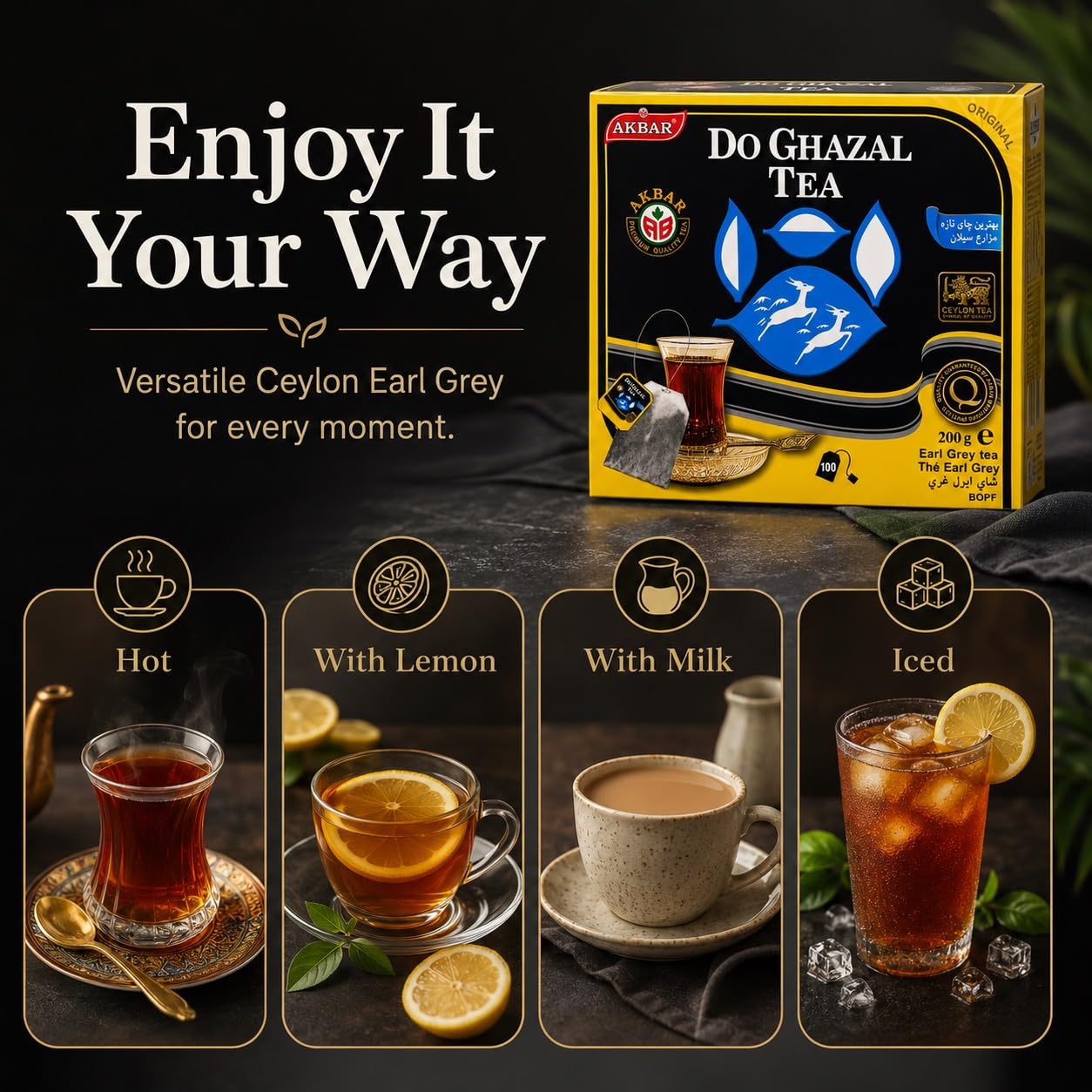 Do Ghazal iced Earl Grey in glass, refreshing citrus note for warm days