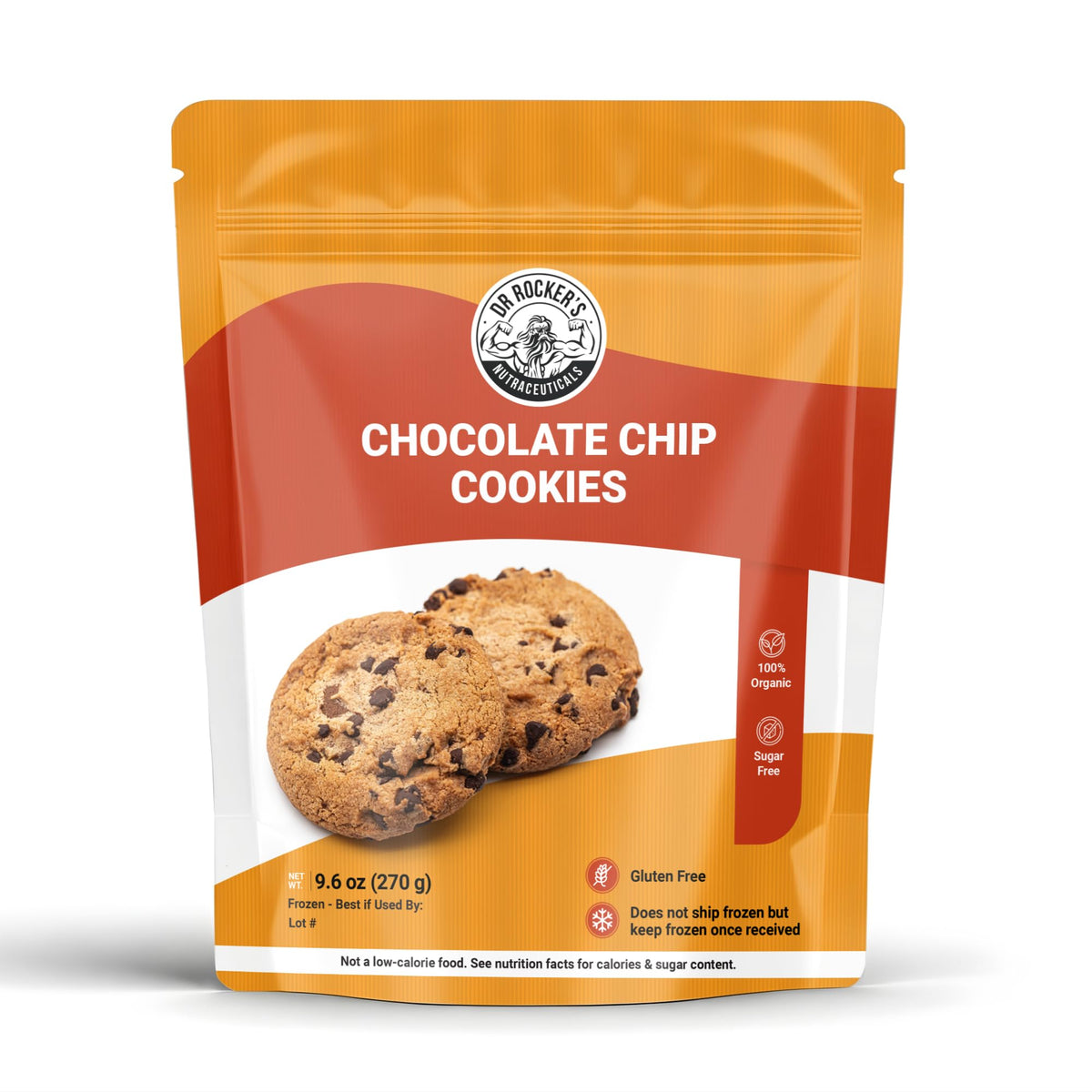 Doctor Rockers front packaging showing organic keto chocolate chip cookies and clear benefit