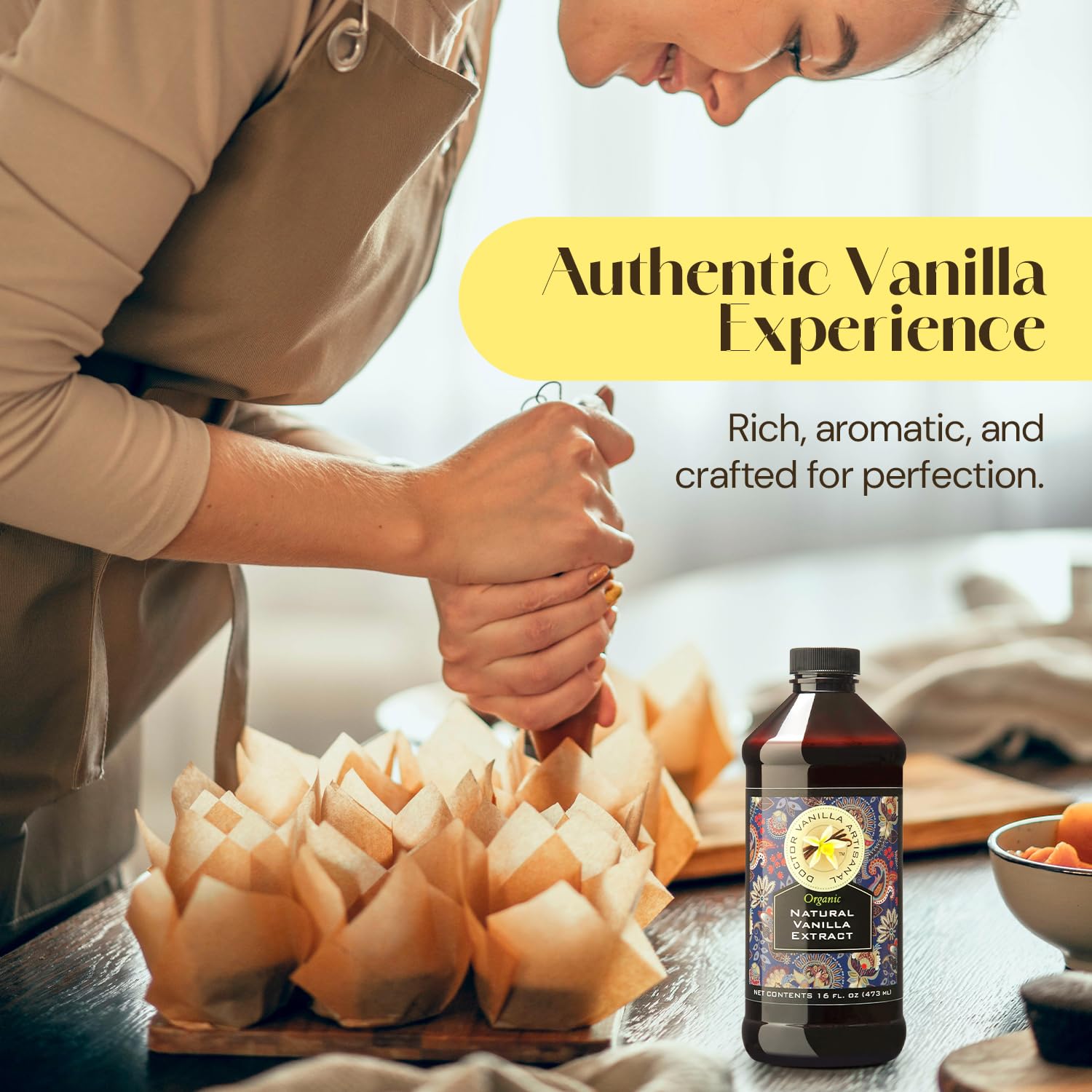 DOCTOR VANILLA ARTISANAL size comparison beside a measuring cup illustrating the 16 oz scale
