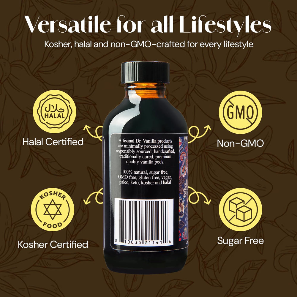 DOCTOR VANILLA ARTISANAL vanilla pods and ingredients display showing natural source and quality