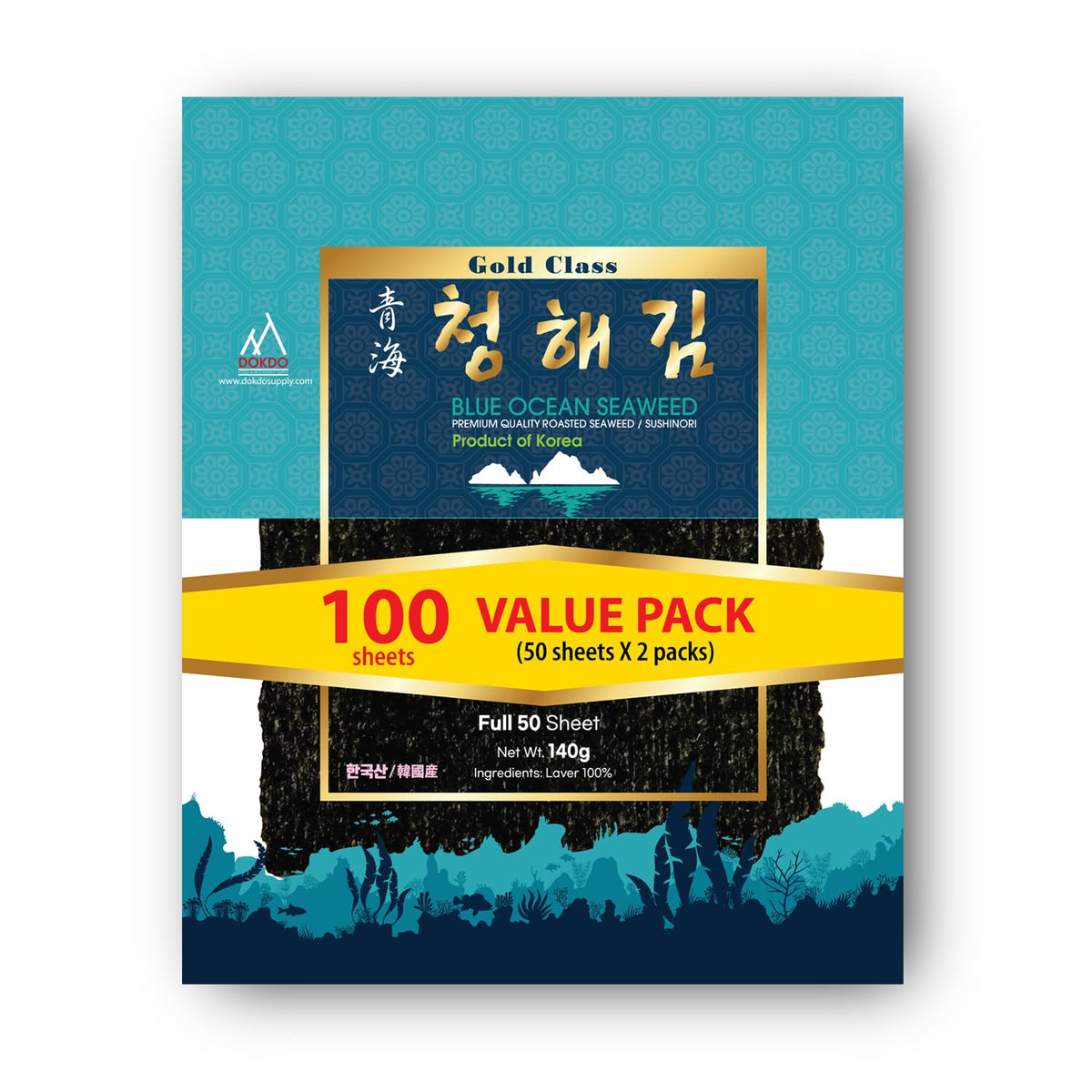 DOKDO SUPPLY front packaging showing 100 full roasted nori sheets and brand clarity