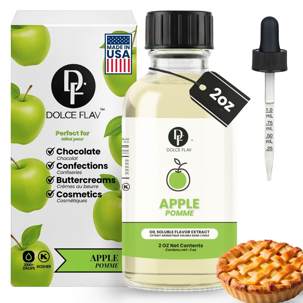 Dolce Flav front bottle showing 2-ounce apple extract, highlights concentrated flavor