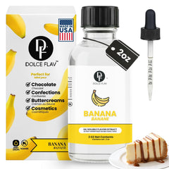Dolce Flav bottle front view showing banana extract and kosher seal, clear benefit: authentic flavor